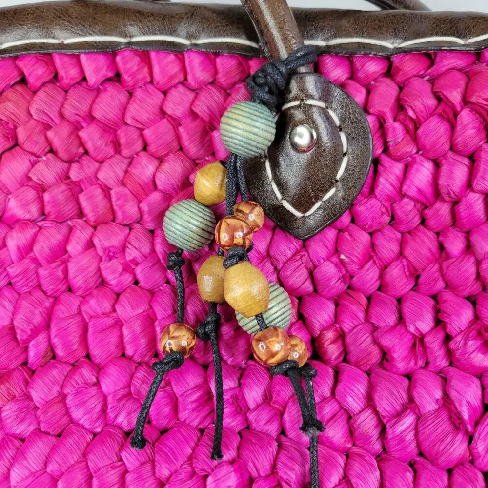 Limited Edition Straw Tote Bag Bright Raspberry Lined 2 Pocket Wooden Bead Charm